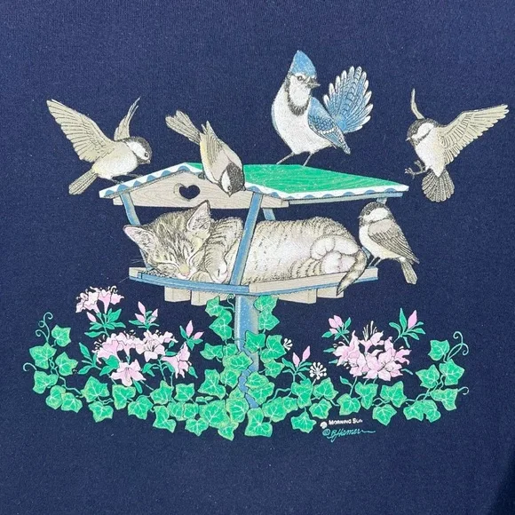 Vintage 90’s Cute Cat Birds Crewneck Sweatshirt - Picture 2 of 8